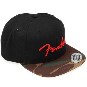 Fender Black Hat with Red Logo and Camouflage Brim Flatbill SnapBack Hat O/S NWT